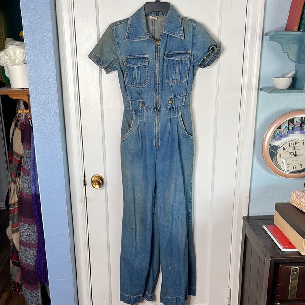 Vtg Denim Coveralls Jumpsuit 9/10 Moodys Goose Zip Up Romper Mechanic Vintage